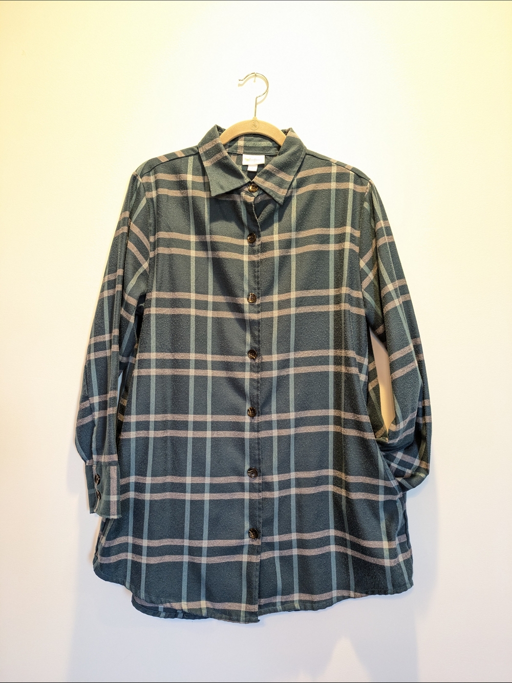 LuLaRoe Abigail Teal and Cream Plaid Flannel "Shacket" Large